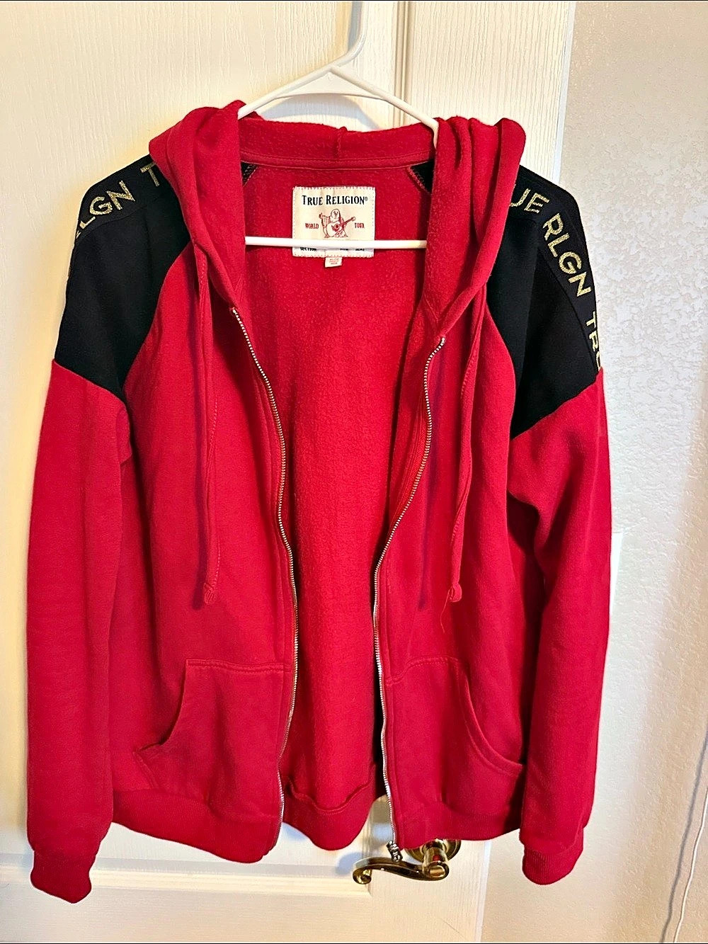True Religion World Tour Zip Hoodie in Red & Black